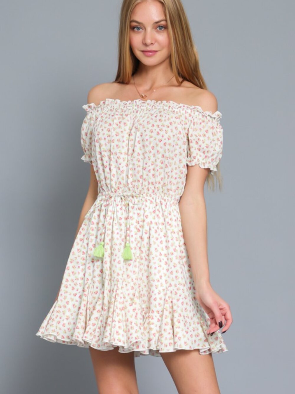 Cream Floral Off-Shoulder Dress with Tassel Tie
